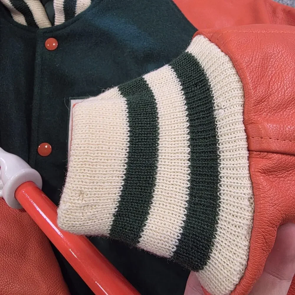 Miami Hurricanes Varsity Jacket Mens 2XL Green Orange NCAA Football Zoom ID Wool